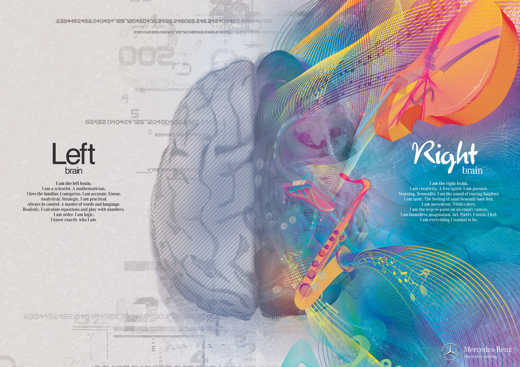 illustration of the brain with grid and numbers behind left side and colored swooshes, music notes, instruments and staffs on the right